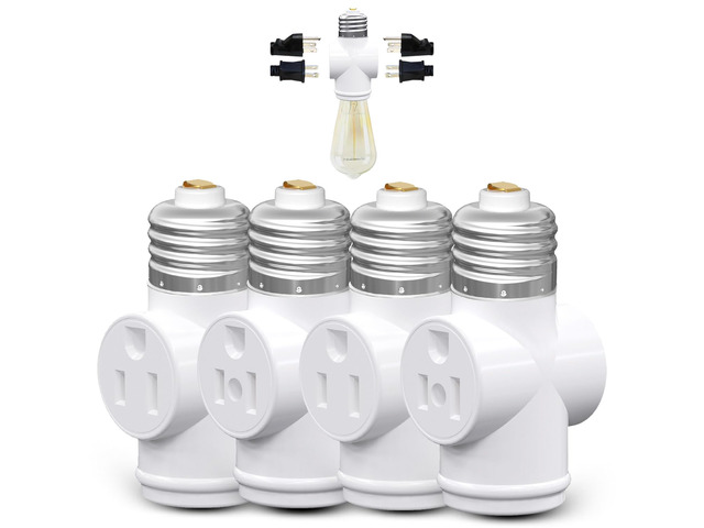 4 Pack, Light Socket to Plug Adapter, Convert E26 Light Socket to 3-Prong Outlet Adapter and Light Bulb Socket (White)