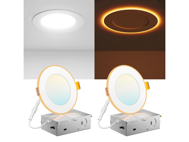 2 Pack 4 Inch LED Recessed Light with Night Light, 5CCT, 700LM Ultra-Thin Ceiling Light, 5%-100% Dimmable, No Flicker, 2700K-5000K, Canless Wafer...