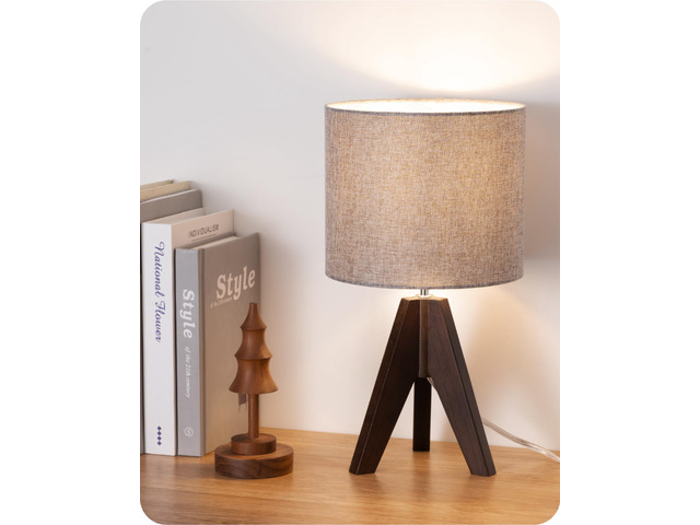 Boho Small Table Lamp, Wood Lamp, Grey Linen Lampshade,14.2 Inch Walnut Color Tripod Bedside Lamp, Farmhouse Nightstand Lamp for Nursery, Bedroom,...