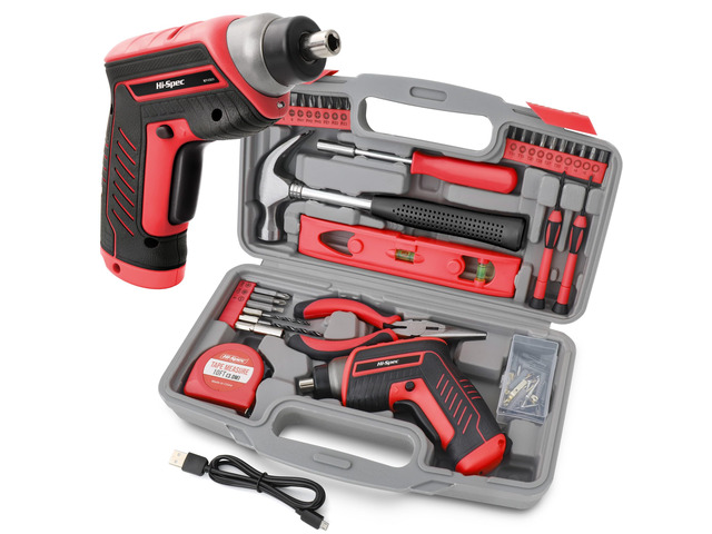 3.6V USB Electric Screwdriver for Home Repairs and Assembly, Red 35pc, fast assembly help, common screw bit selection, LED visibility, compact...
