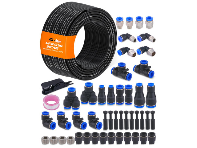 3/8' Air Line Tubing Kit, 100FT SAE J844 PA Nylon Air Hose Tubing with Cutter and Teflon Tape, 3/8' Air Hose with Push to Connect Fittings for Air...