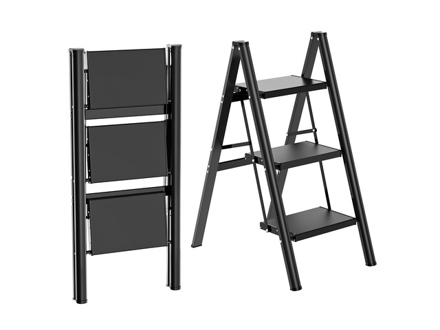3 Step Ladder, Lightweight Aluminum Folding Step Stool Anti-Slip Wide Pedal, 330lbs Capacity Step Ladder for Household Kitchen Office, Black