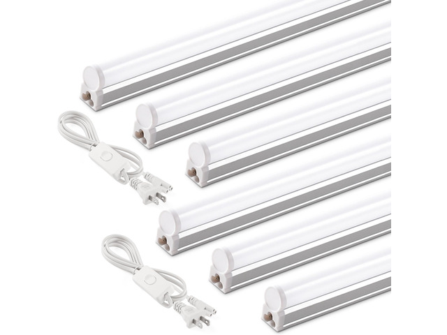 T5 4FT LED Shop Light, 2 Pcs Power Cords 6500K 2200lm 20W, 6 Pack Utility Light Fixture, Ceiling Commercial Bay Light for Workshop Garage, Corded...