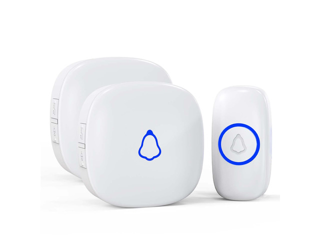 Wireless Doorbell, Mini Door Bell with 58 Chimes 5 Volume Levels, 1 Waterproof Button 2 Plug in Receiver, White Doorbell with Led Blue light for...