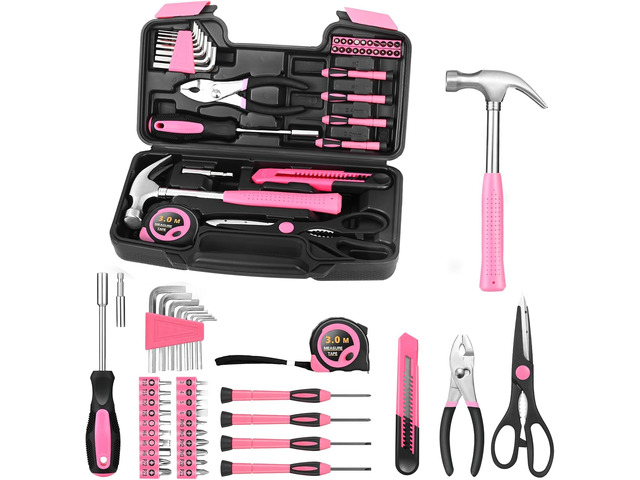 39-Piece Household Tool Set, Pink Tool Kit for Women with Toolbox All Purpose Basic Household Tool Set for Women, Small Tool Kit with Toolbox, for...