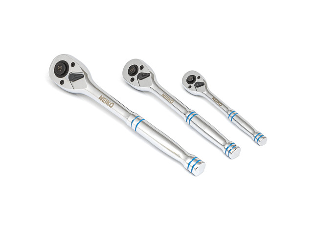 03000A 100-Tooth Quick-Release Ratchet-Wrench Set, 1/4-Inch-, 3/8-Inch-, and 1/2-Inch-Drive Ratchets, 3.6-Degree Swing, CrMo Steel, 3-Piece Set