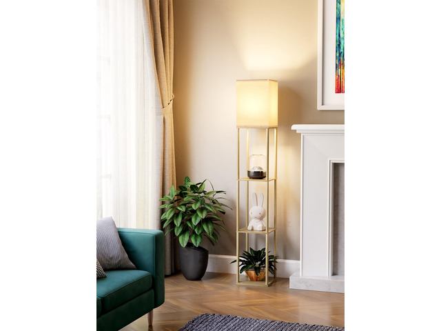 Floor Lamp with Shelves for Living Room Natural Wood, Shelf Floor Lamp with 3 CCT LED Bulb, Corner Display Standing Column Lamp Etagere Organizer...