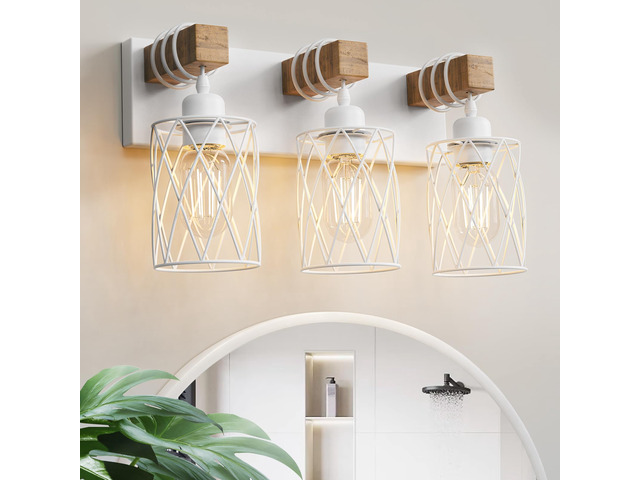 Farmhouse Bathroom Vanity Light, 3-Light Wood Bathroom Light Fixtures Over Mirror, Matte White Industrial Vanity Lights with Metal Shade, Rustic...