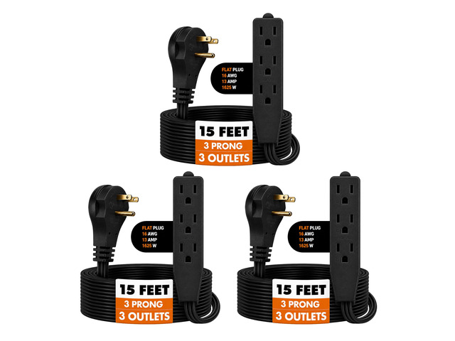 Flat Plug Extension Cord 15 FT Black 3 Outlet 3 Prong Grounded Indoor Extension Cord Low Profile Wall Hugger Angled Plug 16/3 Heavy Duty Power...