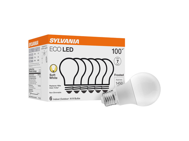 Sylvania ECO LED A19 Light Bulb, 100W Equivalent, Efficient 14.5W, 7 Year, 1450 Lumens, Non-Dimmable, Frosted, 2700K, Soft White - 6 Pack (40885)