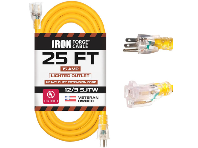 25 ft Lighted Outdoor Extension Cord - 12/3 SJTW Heavy Duty Yellow Extension Cable Extension Cable with 3 Prong Grounded Plug for Safety, 15AMP...