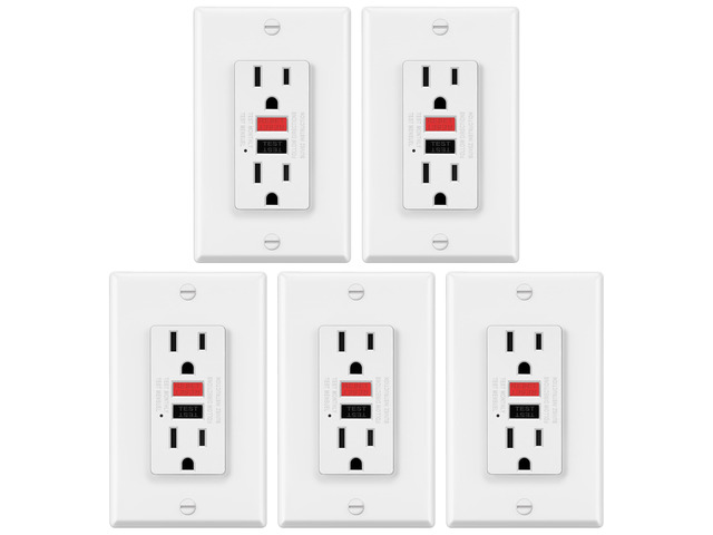 5 Pack 15A GFCI Outlets, Decor GFI Receptacles, ETL Listed Slim Design, Non-Tamper Resistant with LED Indicator, 15 Amp Ground Fault Circuit...