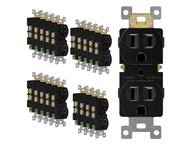20 Pack Duplex Wall Outlet, 15 Amp Electrical Receptacle, Black 15A 125V, self-grounding, 2-Pole, 3-Wire, shallow body design, UL Listed,...