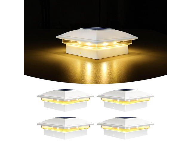 White Solar Post Cap Lights, Warm White Fence Lights 4 Pack Solar powered waterproof lamps fit 4x4/6x6 wooden & 4x4/5x5 vinyl posts for garden,...