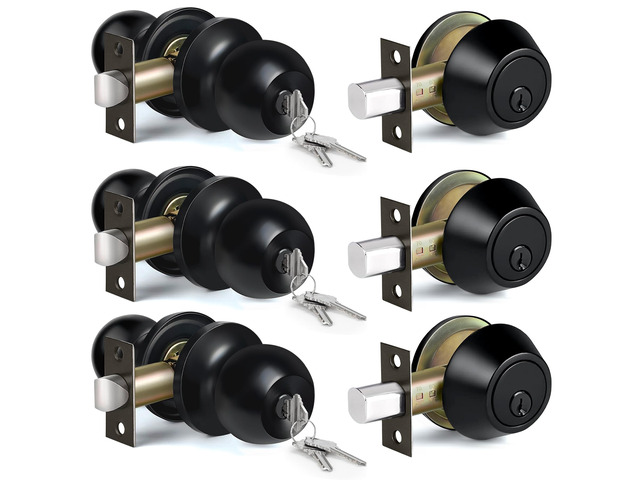 3 Pack Exterior Door Knob with Key Lock and Deadbolt, Keyed Alike Matte Black, Door Knob and Single Cylinder Deadbolt Combination Set