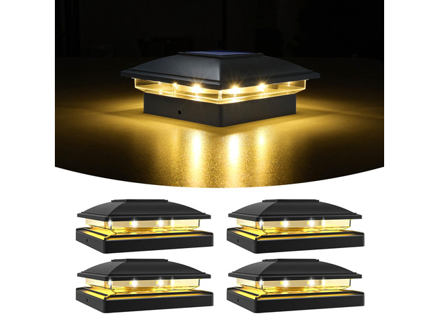 Black Solar Post Cap Lights, Warm White Fence Lights 4 Pack Solar powered waterproof lamps fit 4x4/6x6 wooden & 4x4/5x5 vinyl posts for garden,...