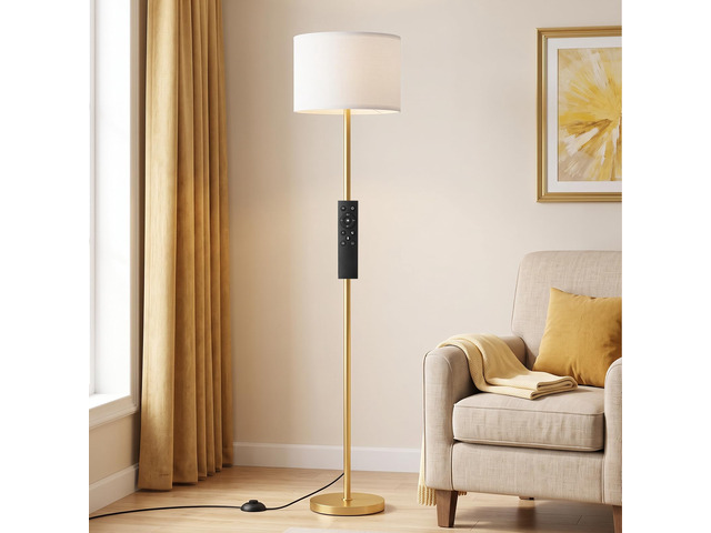 Dimmable Floor Lamp for Living Room with Remote, 9W 900LM LED Bulb Included, White Shade Gold Pole