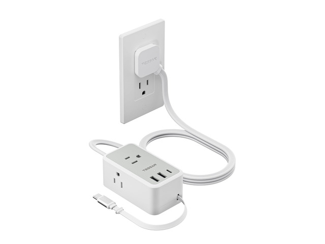 Small Flat Plug Power Strip, Ultra Thin Extension Cord 5 ft, Grey 3 AC Outlets 3 USB (1 USB C), 1 Retractable USB C Cable, Wall Outlet Extender, NO...