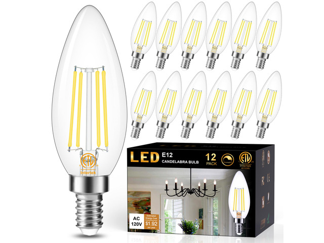 12 Pack Dimmable E12 LED Candelabra Bulb 4000K Daylight 60W 600LM CRI 85+ AC 120V Type B Bulb for Chandeliers, Ceiling Fans, Clear Glass Candle...
