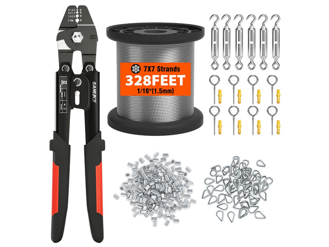 Wire Rope Crimper Kit, 328ft 1/16' Stainless Steel Cable, Swager with 200Pcs Crimping Sleeves and 50Pcs M2 Thimbles, 6Pcs M4 Hook & Eye Turnbuckle...