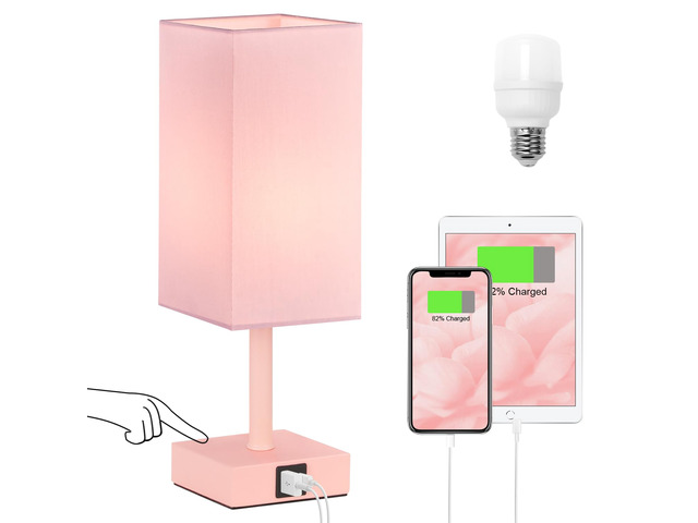 Touch Table Lamp for Bedroom - Dimmable, USB C+A, Pink Lamphade Pink Base 3-Way Dimmable, 3000K LED Bulb Included, Square Lampshade, Cute Room...