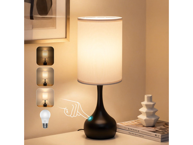 Touch Bedside Lamp for Bedroom, 3-Way Dimmable Table Lamps for Nightstand, White Fabric Shade Desk Lamp for Kids Reading, Living Room, Home Office