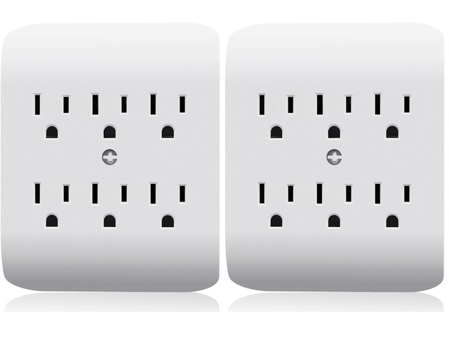 6-Outlet Extender with Central Anchor, 3-Prong Grounded Wall Tab, Multiple Outlet Extender with 6 Electrical Outlets, ETL Listed, 2 Packs, White
