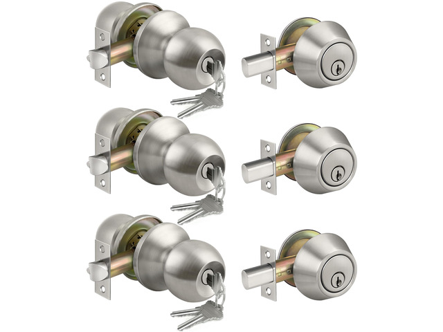 3 Pack Keyed Alike Exterior Door Knob with Key Lock and Deadbolt Front Door Knob with Single Cylinder Deadbolt Lock, Brushed Nickel Reversible Knob...
