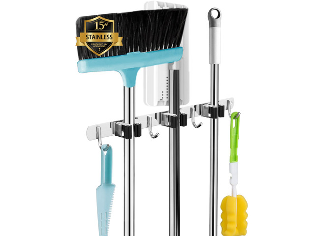 Broom Holder Wall Mount, 3 Racks 4 Hooks Heavy Duty Mop Organizer Mop Holder Wall Mount and Broom Hanger for Garage, Laundry Room, Kitchen and...