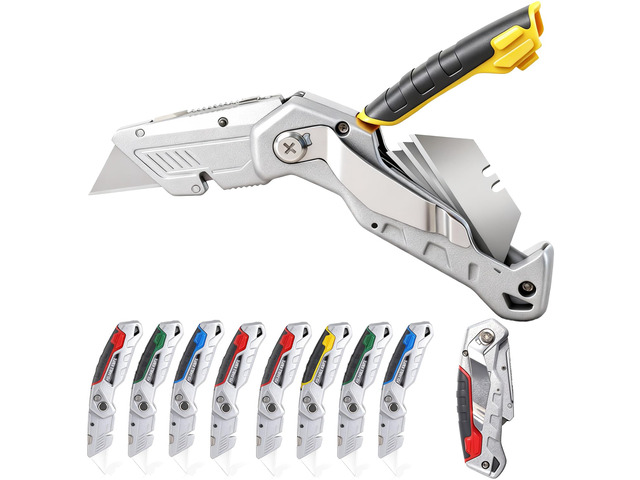 10-Pack Heavy Duty Folding Box Cutter with Blade Storage (Entirety Metal) with 30 Replacement Blades, Professional Utility Razor Knife