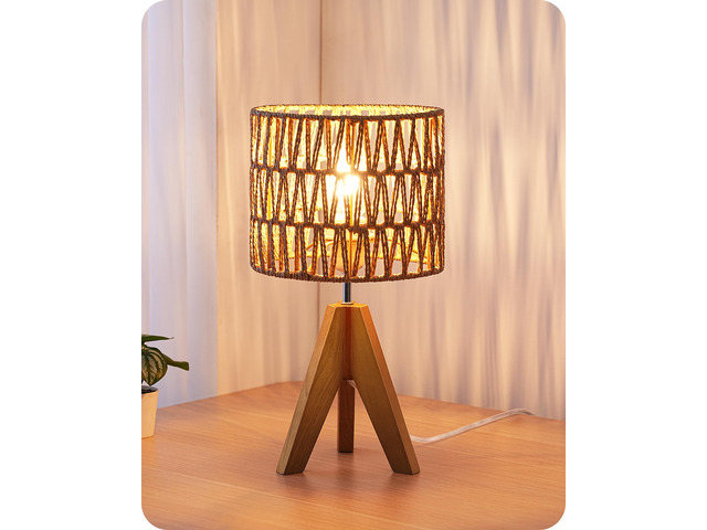 Rattan Small Table Lamp, Boho Nightstand Lamp, 14.2', E26 Base Natural Style, Wood Tripod Base, Rosewood Color & W-Pattern Shade, Bedside Lamp for...