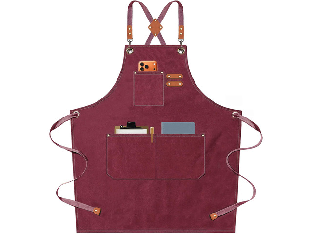 Chef Aprons for Men Women with Oversized Pockets, 16-Ounce Cotton Canvas Cross Back Heavy Duty Work Apron (Dark Red)
