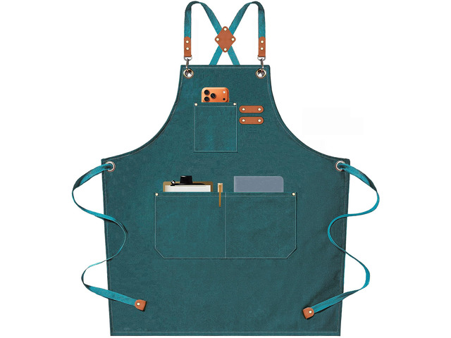 Chef Aprons for Men Women with Oversized Pockets, 16-Ounce Cotton Canvas Cross Back Heavy Duty Work Apron (Dark Green)