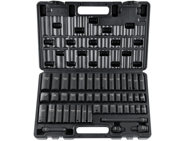 Impact Socket Set 3/8' Drive, 48-Piece Standard SAE (5/16 to 3/4 inch) & Metric (8 to 22 mm) Size, Deep & Shallow, 6 Point, CR-V, Extension Bar,...