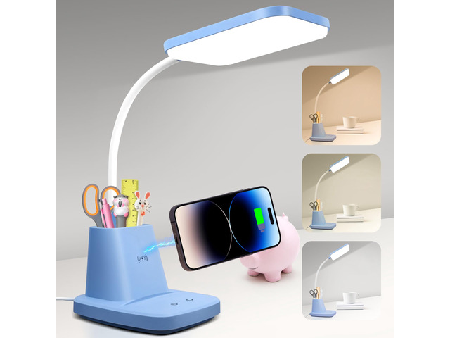 LED Desk Lamp with 10W Wireless Charging & Pen Holder, Blue CRI 95, 800LM, Stepless Dimming, 3 Modes, 360°Flexible Arm, Touch, Study Table Lamp for...