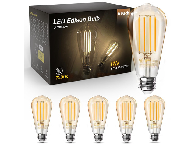 LED Edison Light Bulbs, E26 Dimmable Vintage Bulb, 8W = 60W Equivalent Amber White 2200K, 800LM, E26 Base, ST19/58, 80+ CRI, Amber Glass, Antique...