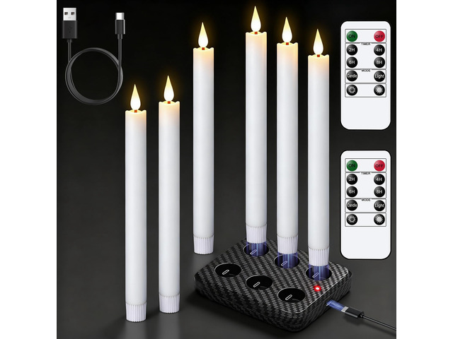 Rechargeable Flameless Taper Candles Charging Base & 2 Remote White LED Candles Battery Operated, Real Wax Rechargeable Candlesticks, Christmas...