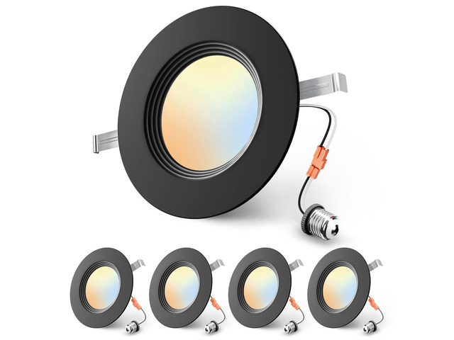 5/6 Inch Black LED Recessed Can Lights, 5CCT, 9W, 1000LM, 4 Pack Retrofit Baffle Trim, 5%-100% Dimmable, 2700K-5000K Selectable CCT, Damp & IC Rated,...