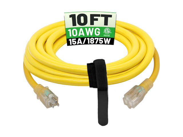 10 Ft 10AWG Outdoor Extension Cord, Yellow Waterproof Heavy Duty, 10 Gauge 3 Prong, Flexible Cold-Resistant, Indoor & Outside with Lighted...