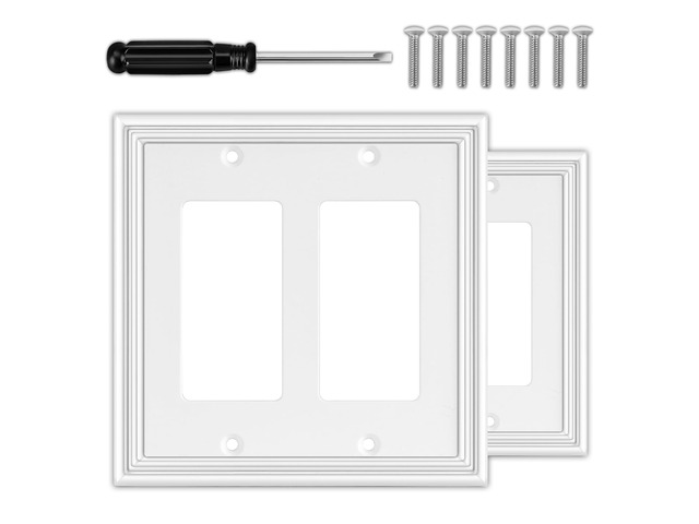 White Decorative Double Decorator Light Switch Covers Wall Plate 2 Pack Natural Material 2 Gang Rocker Switch Plates for Receptacle, GFCI Outlet,...