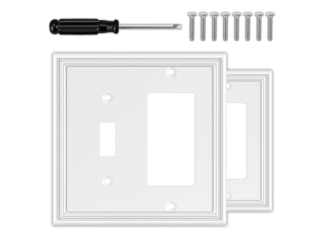 White Decorative Combo 1 toggle/1 decorator Switch Plate Covers 2 Pack Natural Material Wall Plates 2 Gang Combination Rocker Light Switch Plate...