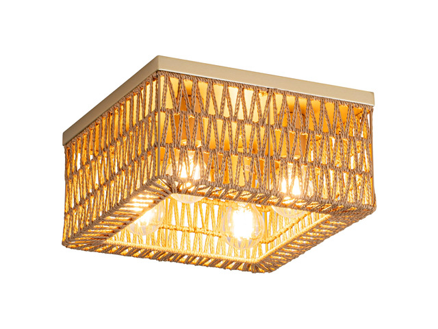 Rattan Ceiling Light, 4-Light Boho Light Fixture, Square Flush Mount Ceiling Light for Bedroom, Hallway, Entryway, Kitchen, Living Room