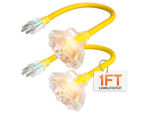 1FT 2Pack 12 Gauge Heavy Duty Extension Cord with Multiple Outlets 1 Foot 3 Outlet Yellow Extension Cord Heavy Duty, Indicator, Flexible Waterproof...