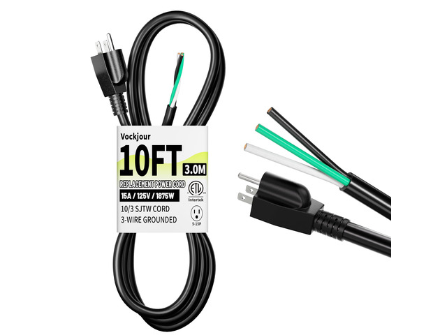 10 ft 10/3 Pigtail Replacement Power Tool Cord, NEMA 5-15P Black 10 AWG 3 Prong Appliance and Power Tool Cord, Open End, Flexible SJTW, 125V AC...