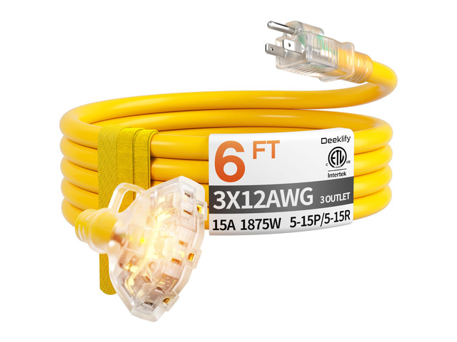 6 FT 12 Gauge Heavy Duty Extension Cord with Multiple Outlets 6 Feet 3 Outlet Yellow Extension Cord Heavy Duty, Indicator, Flexible Waterproof...