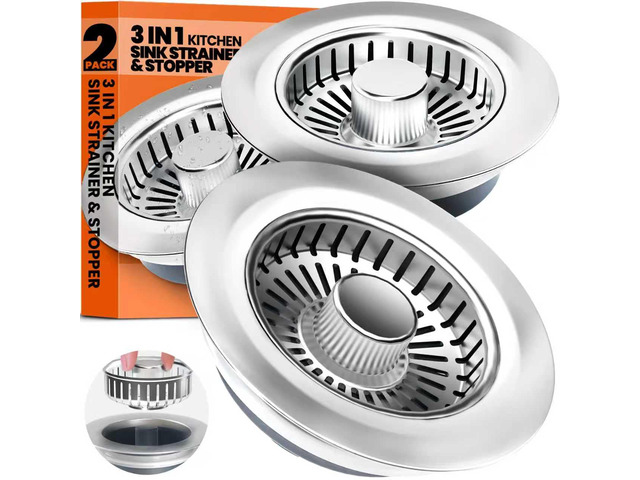 3 in 1 Kitchen Sink Drain Strainer and Stopper Brushed Silver Kitchen Sink Accessories Strainer Basket 2 Pack Stainless Steel Anti-Clog Catcher,...