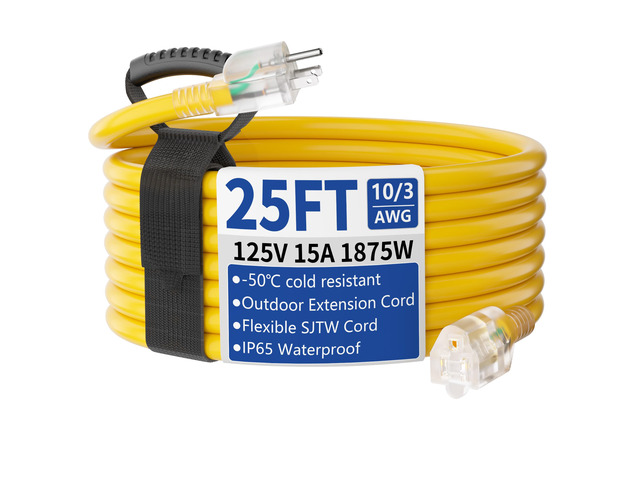 25ft Outdoor/Indoor Extension Cord with Lighted 10/3 Gauge Yellow 3 Prong, Heavy Duty, SJTW, Waterproof, Flexible Cold-Resistant extension cord for...