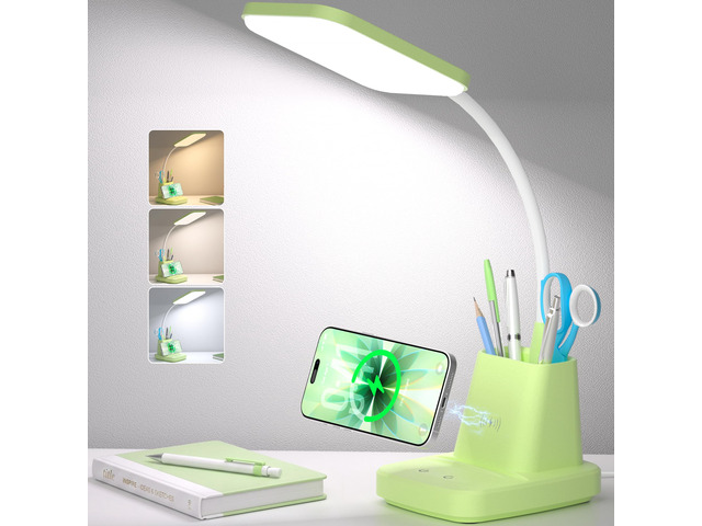 LED Desk Lamp with 10W Wireless Charging & Pen Holder, Light Green CRI 95, 800LM, Stepless Dimming, 3 Modes, 360°Flexible Arm, Touch, Study Table...