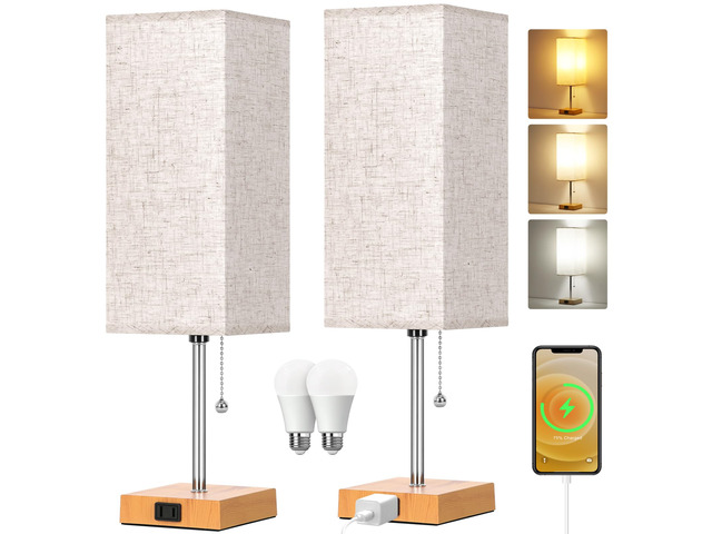 18'' Table Lamp for Bedroom set of 2,3-Color Bedside Lamps with Pull Chain Table Lamps for Nightstand with AC Outlets,Night Light Lamps with 2...