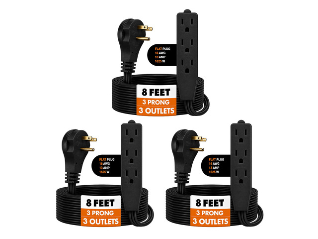 Flat Plug Extension Cord 8 FT Black 3 Outlet 3 Prong Grounded Indoor Extension Cord Low Profile Wall Hugger Angled Plug 16/3 Heavy Duty Power...